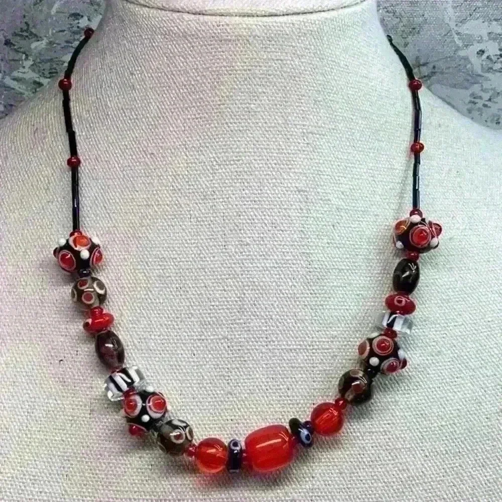 Vintage Red and Black Glass Wedding Cake Beaded Necklace